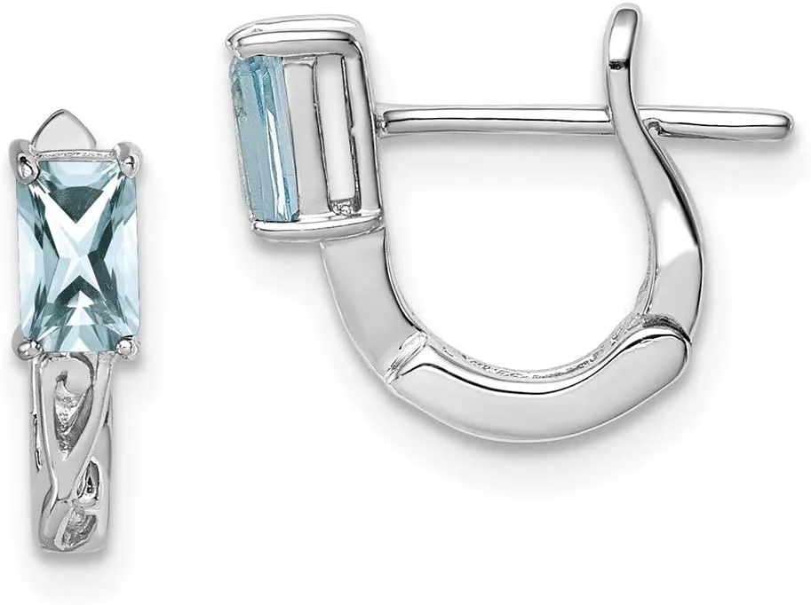 Real 925 Sterling Silver Aquamarine Blue March Gemstone Hinged Hoop Huggie Earrings - 12mm x 11mm