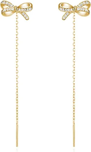 Reffeer Solid 925 Sterling Silver CZ Bow Dangle Chain Earrings for Women Teens Tiny Bow Dangle Earrings Threader Tassel