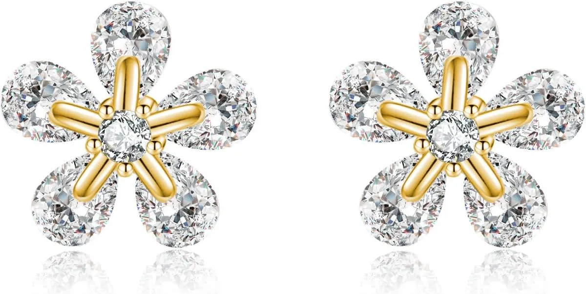 Reffeer Solid 925 Sterling Silver CZ Flower Earrings Stud for Women Teens Dainty Flower Stud Earrings Hypoallergenic