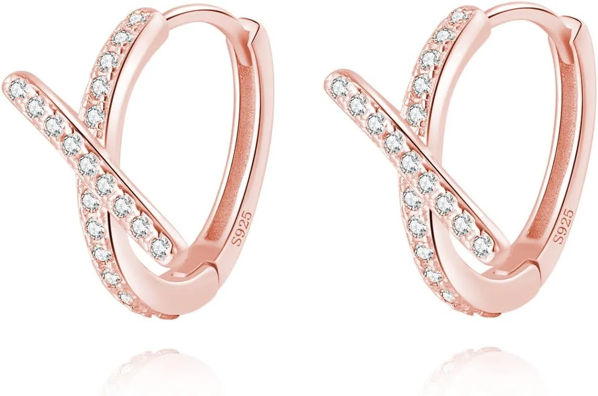 Reffeer Solid 925 Sterling Silver Letter X Hoop Earrings for Women Teens CZ Hoop Earrings Huggie