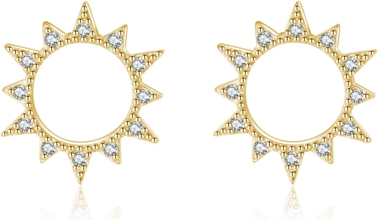 Reffeer Solid 925 Sterling Silver Sun Earrings Stud for Women Teens Hollow Stud Earrings CZ Circle Earrings