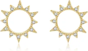 Reffeer Solid 925 Sterling Silver Sun Earrings Stud for Women Teens Hollow Stud Earrings CZ Circle Earrings
