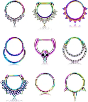 REVOLIA 9Pcs 16G Stainless Steel Septum Rings Clicker Ring Hoop Nose Ring Cartilage Helix Daith Tragus Earring Hinged Piercing