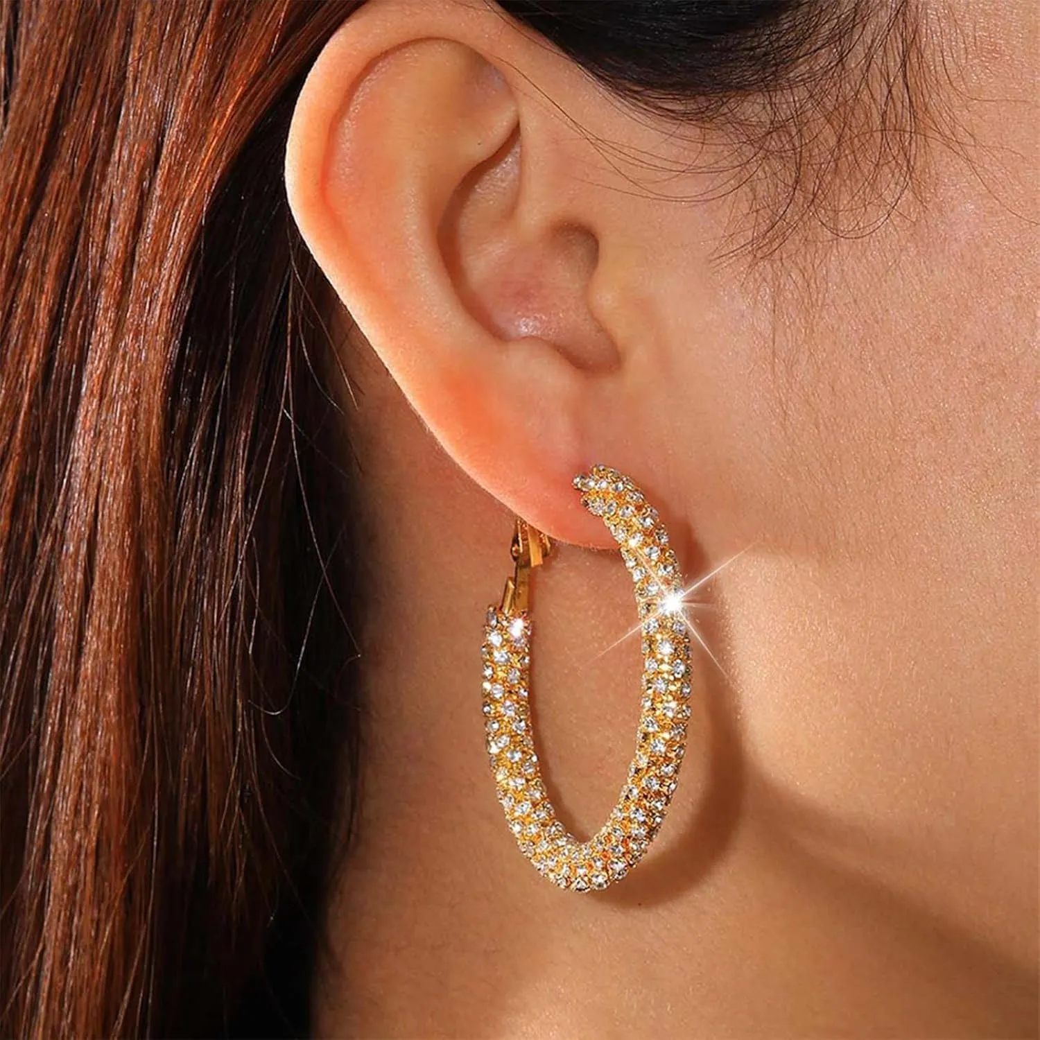 Rhinestone Hoop Earrings for Women 14k Gold Plated Huggie Hoop Earrings Big Thick Hoop Earrings Sparkly Prom Earrings Wedding Jewelry Gift