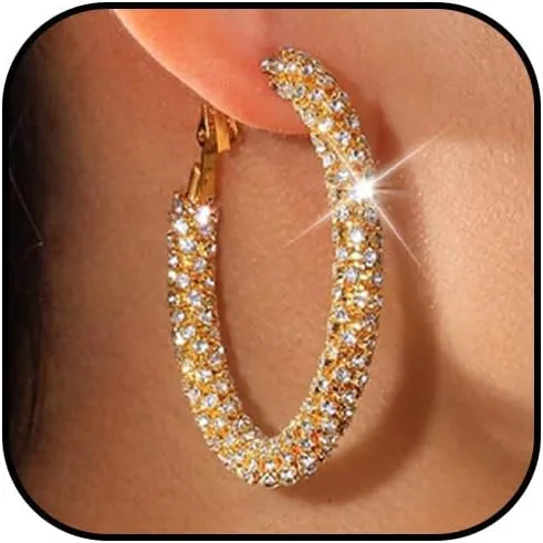 Rhinestone Hoop Earrings for Women 14k Gold Plated Huggie Hoop Earrings Big Thick Hoop Earrings Sparkly Prom Earrings Wedding Jewelry Gift
