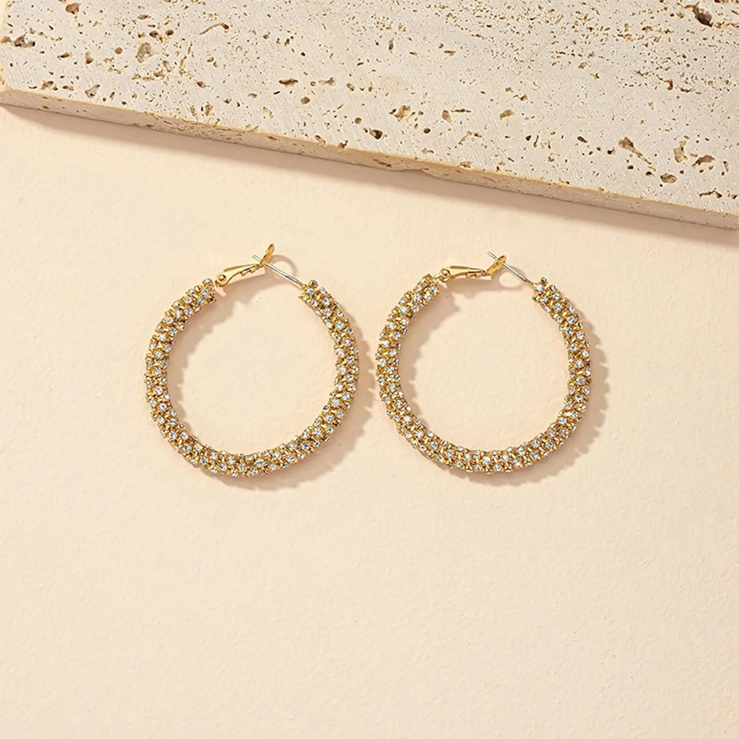 Rhinestone Hoop Earrings for Women 14k Gold Plated Huggie Hoop Earrings Big Thick Hoop Earrings Sparkly Prom Earrings Wedding Jewelry Gift