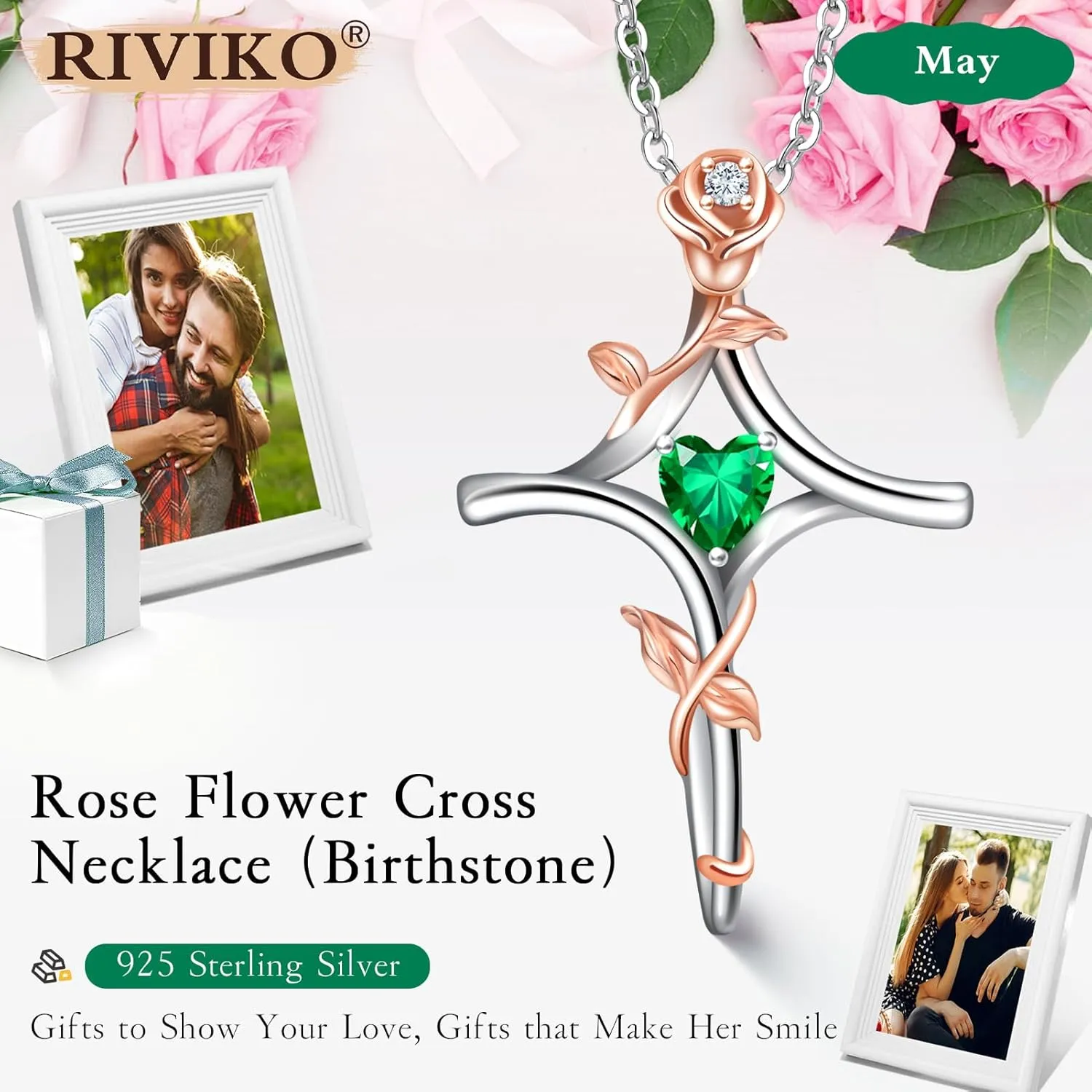 RIVIKO Rose Flower Cross Necklace for Women,925 Sterling Silver Birthstone Necklaces Heart Pendant,Cross Jewelry Anniversary Birthday Gifts for Women Wife Mom Lady