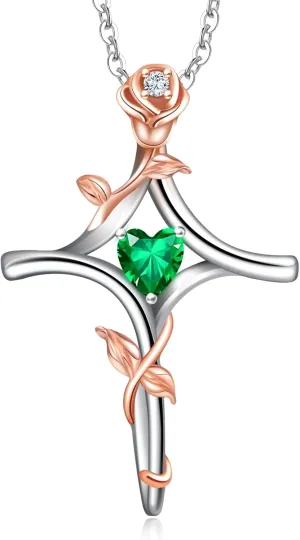 RIVIKO Rose Flower Cross Necklace for Women,925 Sterling Silver Birthstone Necklaces Heart Pendant,Cross Jewelry Anniversary Birthday Gifts for Women Wife Mom Lady