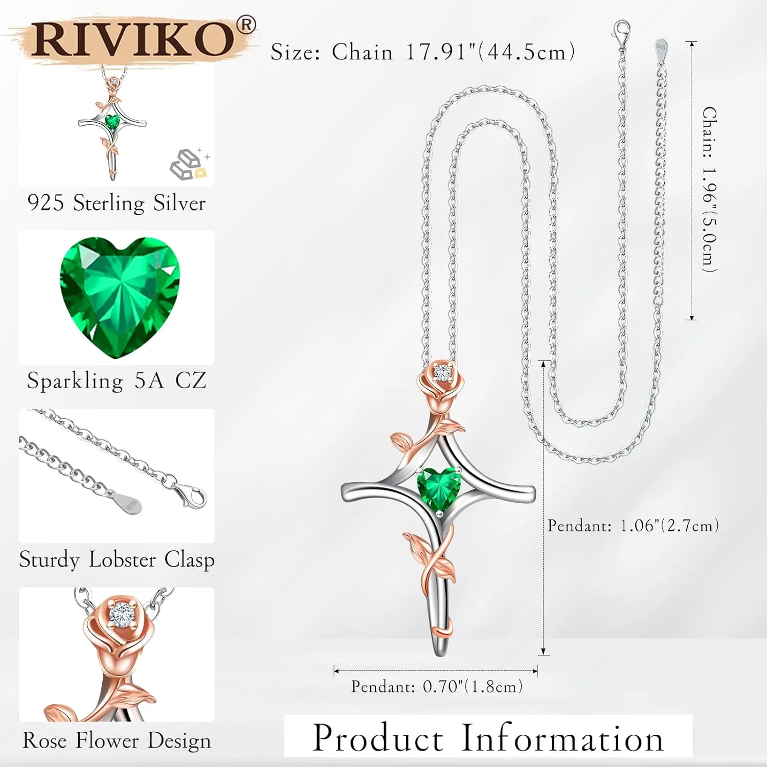 RIVIKO Rose Flower Cross Necklace for Women,925 Sterling Silver Birthstone Necklaces Heart Pendant,Cross Jewelry Anniversary Birthday Gifts for Women Wife Mom Lady