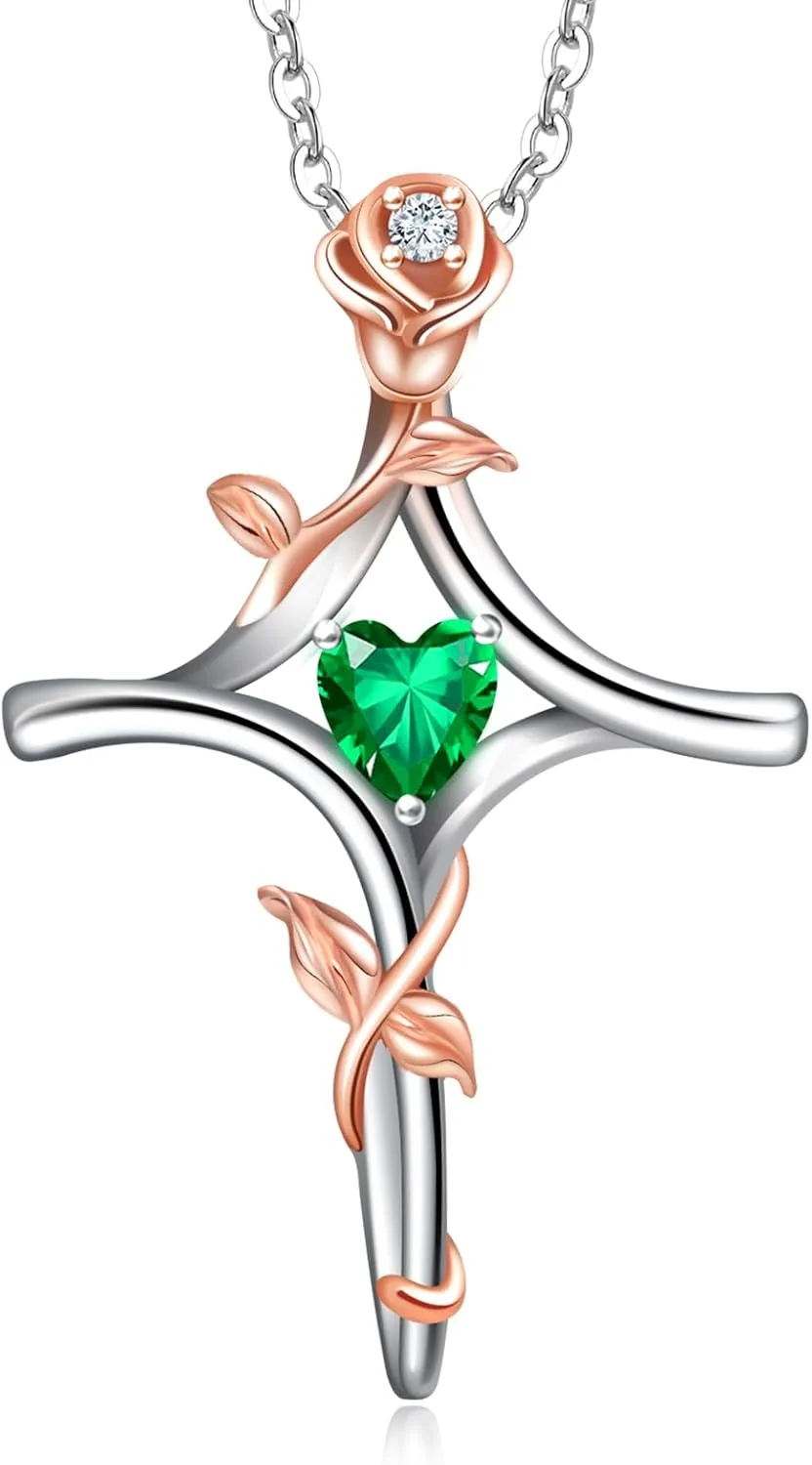 RIVIKO Rose Flower Cross Necklace for Women,925 Sterling Silver Birthstone Necklaces Heart Pendant,Cross Jewelry Anniversary Birthday Gifts for Women Wife Mom Lady