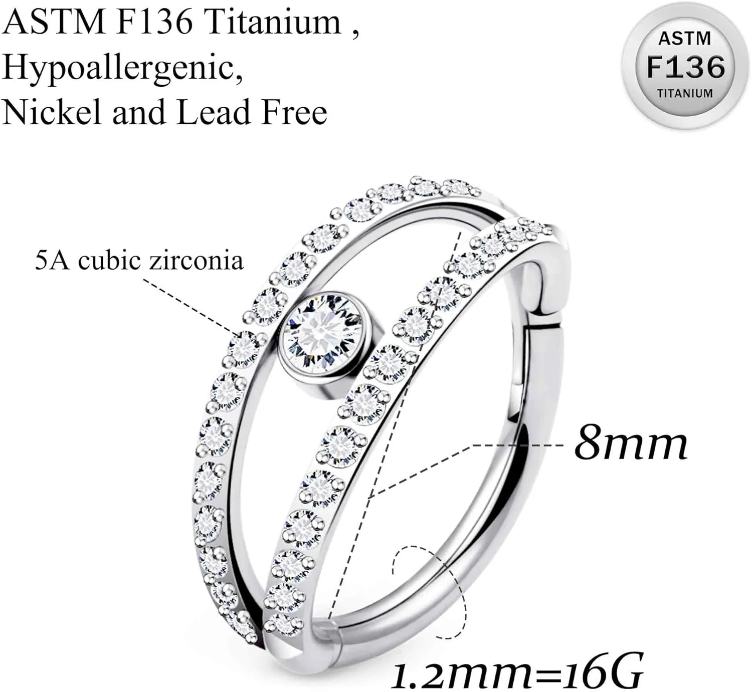 Ruifan 20G 18G 16G Titanium Nose Rings Hoops for Women Double Open Stack CZ Clicker Hinged Septum Nose Ring Lip Helix Cartilage Hoop Earring Daith Rook Conch Body Piercing Jewelry for Women