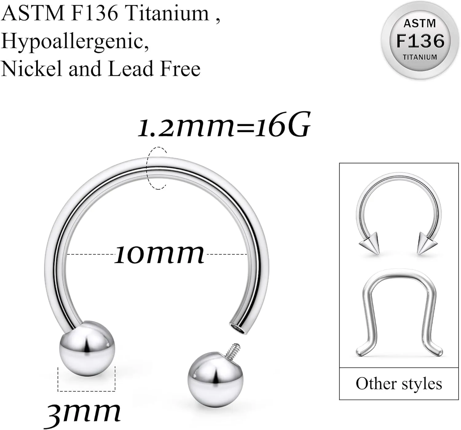 Ruifan Titanium Horseshoe Nose Ring 16G 14G Ball Spike U-Shaped Septum Rings Piercing Jewelry Internally Threaded Cartilage Conch Helix Rook Tragus Lip Earring Hoop Eyebrow For Women Men 10mm