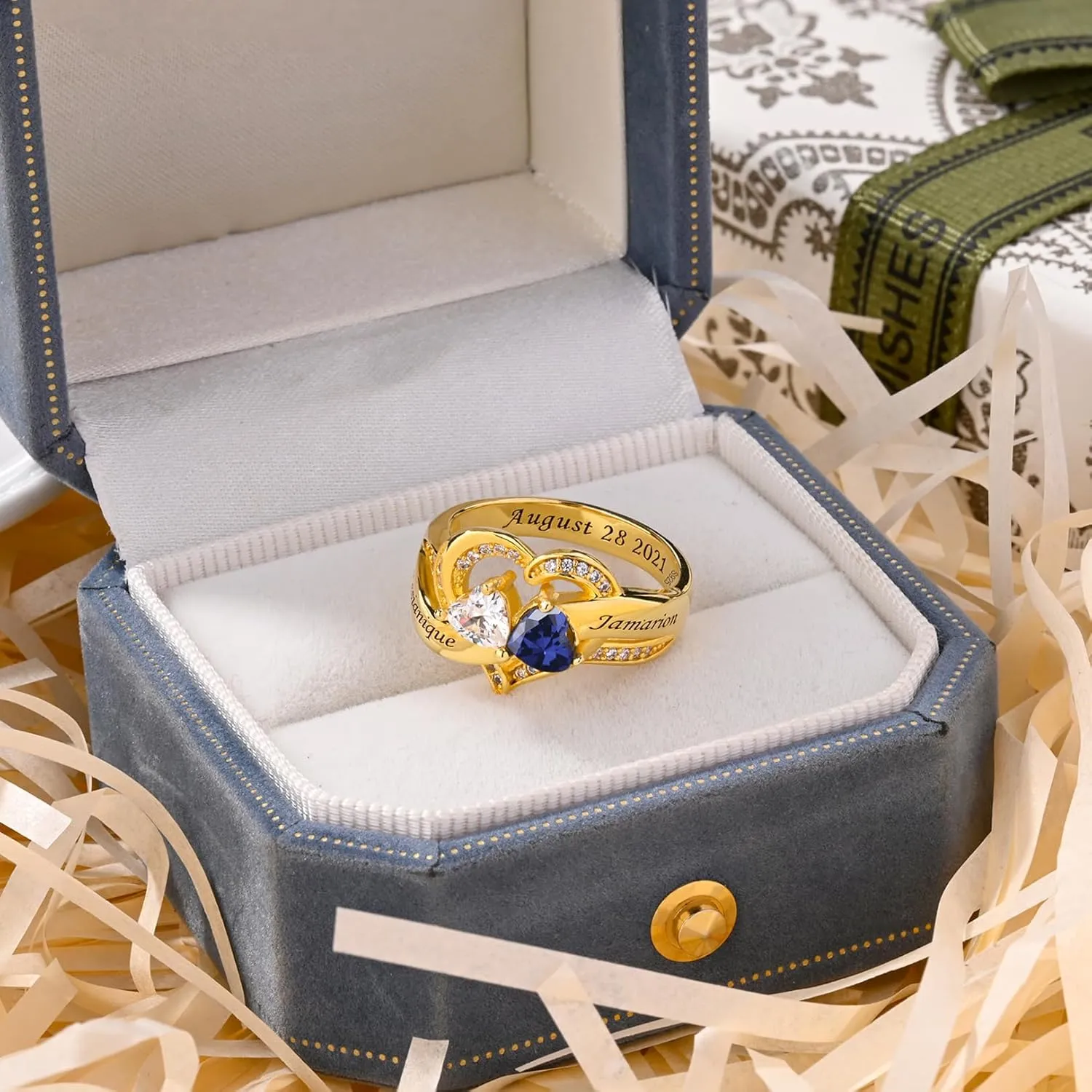 S925 Sterling Silver Promise Ring for Her Personalized 2 Birthstones Rings with Couples Names Engraved Custom Women Promise Rings for Christmas Valentine's Day