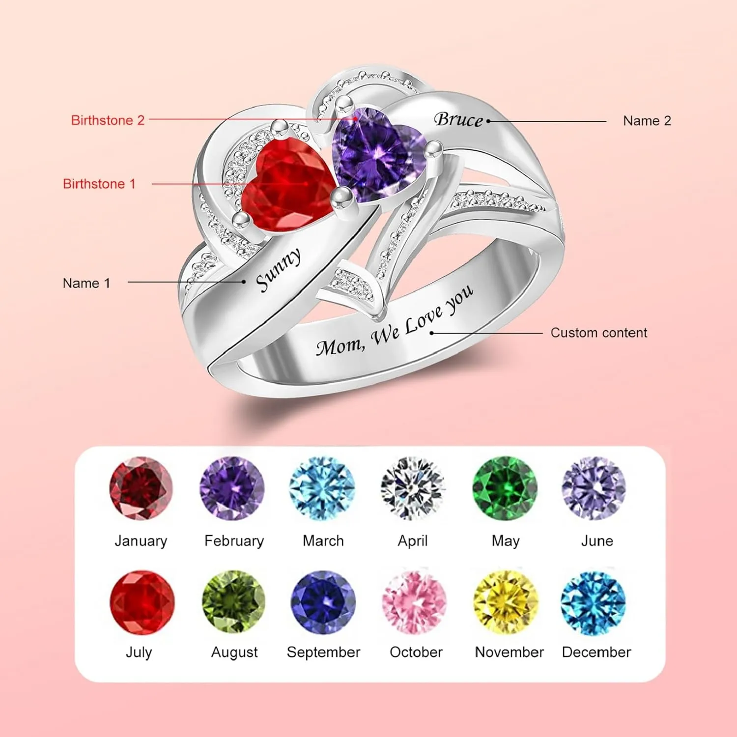 S925 Sterling Silver Promise Ring for Her Personalized 2 Birthstones Rings with Couples Names Engraved Custom Women Promise Rings for Christmas Valentine's Day