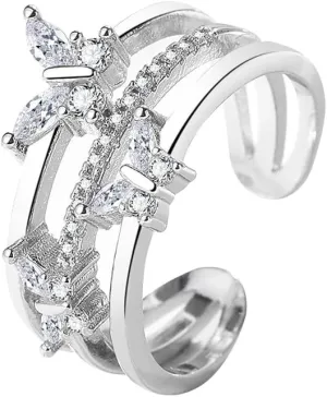 S925 Sterling Silver Rings for Women, Butterfly Shaped Adjustable Band Thumb Finger Cubic Zirconia Ring, Engagement Rings Promise Bands for Women Statement Ring