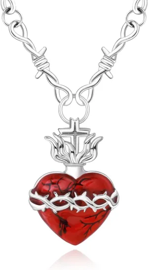 Sacred Heart of Jesus Pendant - 925 Sterling Silver Jesus Pendant Necklaces Silver Chain/Thorn Chain Jewelry for Men Women Christmas Easter Thanksgiving Day (Thorn Chain)