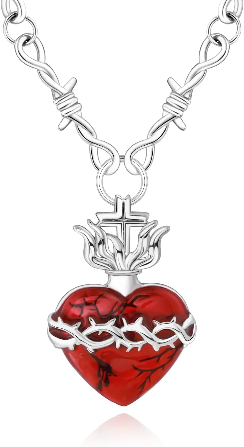 Sacred Heart of Jesus Pendant - 925 Sterling Silver Jesus Pendant Necklaces Silver Chain/Thorn Chain Jewelry for Men Women Christmas Easter Thanksgiving Day (Thorn Chain)
