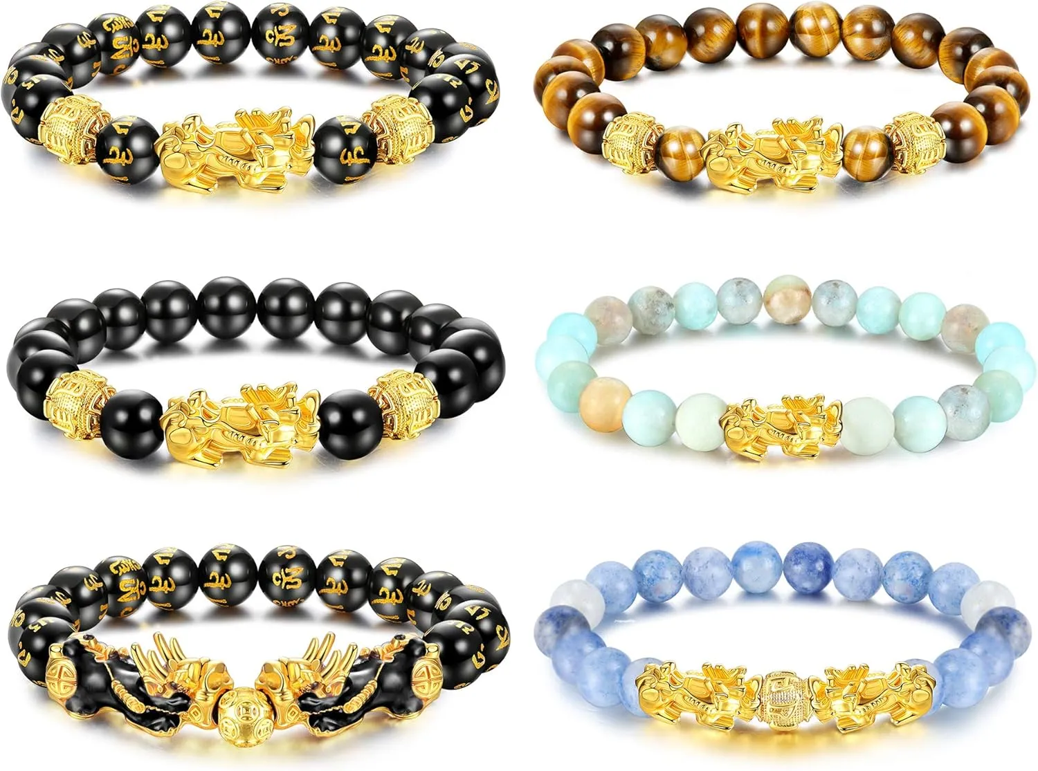 sailimue 6 Pcs Feng Shui Pixiu Good Luck Bracelets for Men Women Natural Stone Tiger Eye Bead Bracelet Pi Yao Chinese Dragon Charm Adjustable Feng Shui Black Obsidian Wealth Bracelet Set