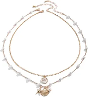 Seashell Necklace Gold Plated Starfish Necklace Bohemian Beach Imitation Pearl Necklaces for Women Summer Layered Sequins Starfish Shell Beaded Choker Necklace Party Holiday Jewelry