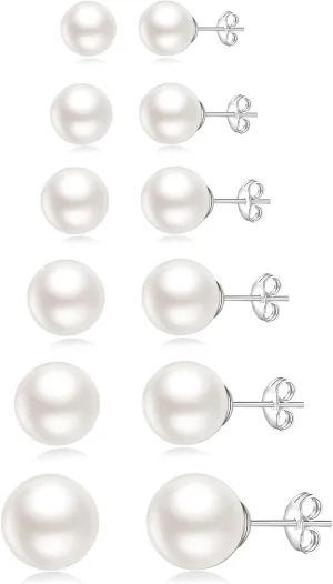 Senteria 925 Sterling Silver Pearl Earrings Studs Set Hypoallergenic Small Stud Earrings Lightweight Shiny Earrings Studs for Women 6 Pairs 3-10MM