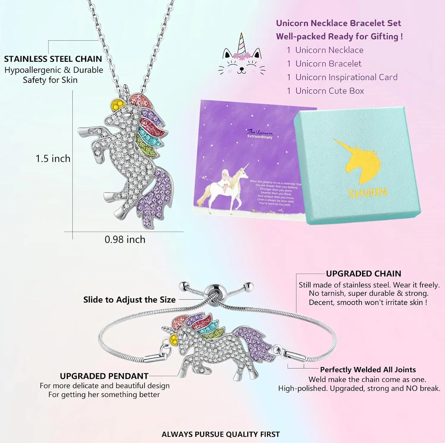 SHWIN Unicorns Gifts for Girls Kids Jewelry 2 or 4 Pack Unicorn Necklace Bracelet Earrings Ring Jewelry Set Birthday Gifts for Girls Daughter Granddaughter Niece