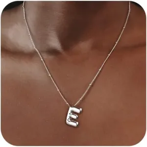 Silver Letter Necklace for Women, Sterling Silver/14K Gold Balloon Initial A-Z Pendant Necklace Trendy Dainty Satellite Bead Chain Necklace Personalized Custom Jewelry Gifts for Women