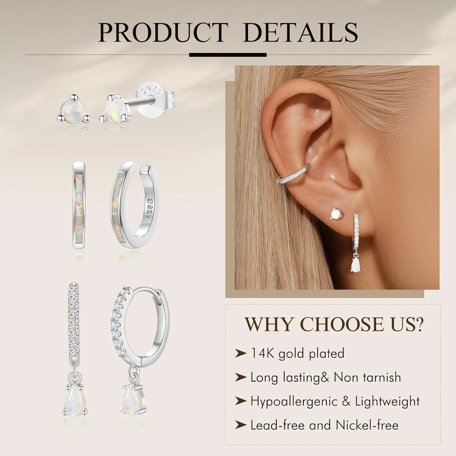 Silver Opal Earrings Set For Women,Sterling Silver Opal Earrings,14k Blue Opals Jewelry Stud Dainty Cartilage Earring,Earring Stack Cartilage Stackable,Birthday Mother's Day Gift For Mom Wife