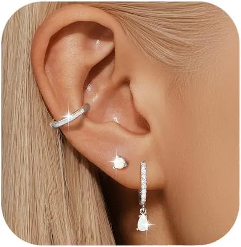 Silver Opal Earrings Set For Women,Sterling Silver Opal Earrings,14k Blue Opals Jewelry Stud Dainty Cartilage Earring,Earring Stack Cartilage Stackable,Birthday Mother's Day Gift For Mom Wife