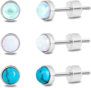 Silver Opal Stud Earrings Set:Rose Gold Earrings for Women- 14K White Gold Plated Jewelry 4mm Small Round Stainless Steel Sensitive Ear Post-Dainty Hypoallergenic