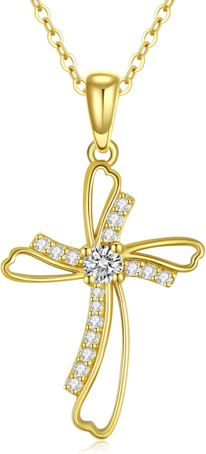 SISGEM 14K Real Gold Cross Necklace for Women,Yellow Gold Moissanite Double Crosses Necklaces Religion Jewelry Valentine's Day Birthday Gifts for Wife Mom 16''-18''