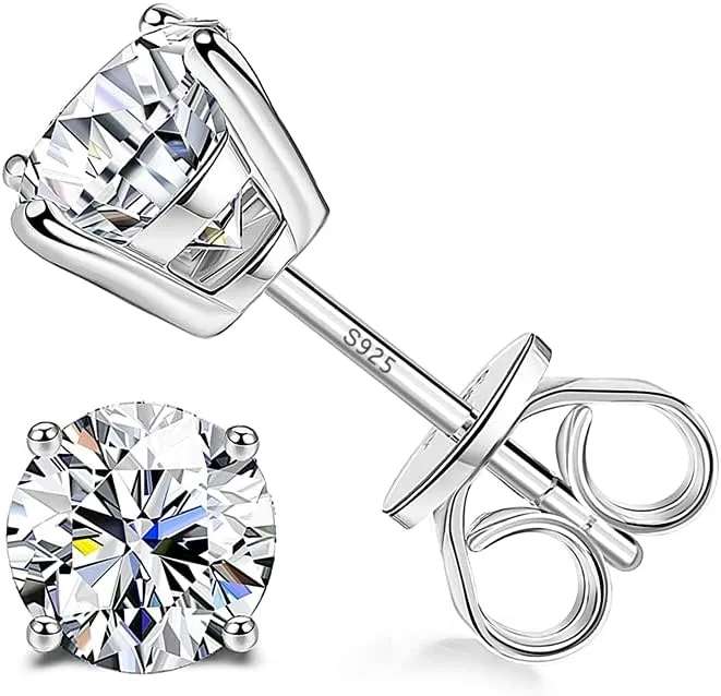 Sllaiss Sterling Silver Cubic Zirconia Stud Earrings for Women Men 14k White Gold Plated Round CZ Earrings for Sensitive Ear (6.5MM (2CT), SILVER)