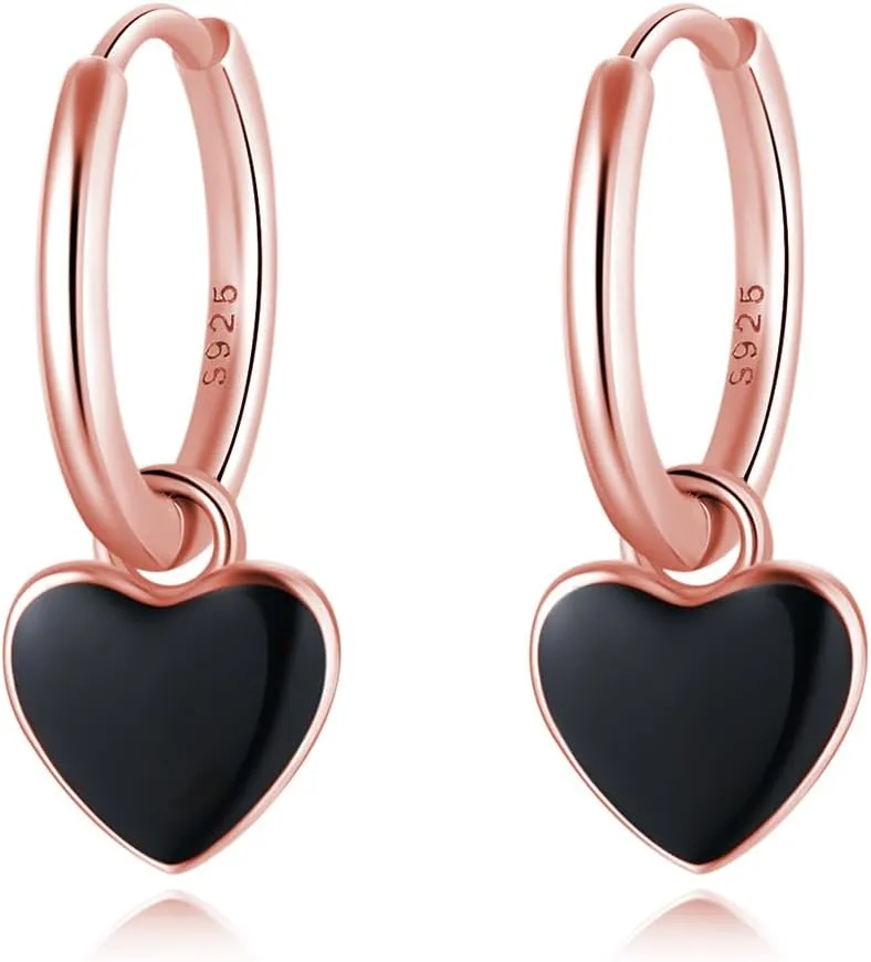 SLUYNZ 925 Sterling Silver Black Heart Hoop Earrings for Women Teens 1.4CM Heart Hoop Dangle Earrings