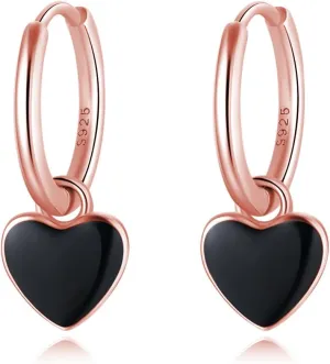 SLUYNZ 925 Sterling Silver Black Heart Hoop Earrings for Women Teens 1.4CM Heart Hoop Dangle Earrings