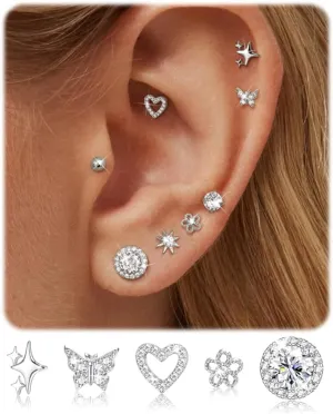Small Gold Stud Earrings Set for Women Hypoallergenic S925 Sterling Silver Post Butterfly CZ Stud Cartilage Earring Set for Sensitive Ears Jewelry Gift