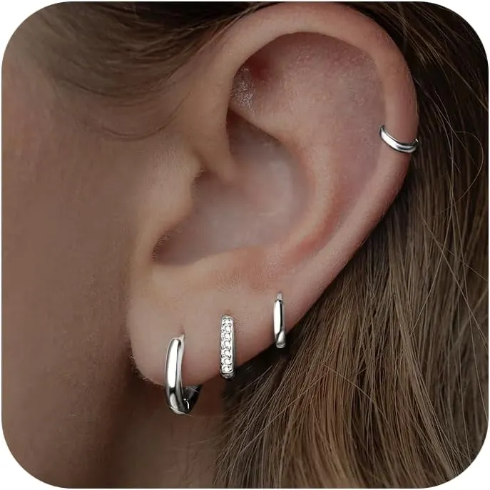 Small Silver Huggie Hoop Earrings Set for Women Trendy, Hypoallergenic Stack Cartilage Dainty Earrings Sets for Multiple Piercing, Lightweight Mini Thin Cute Jewelry Gifts for Women