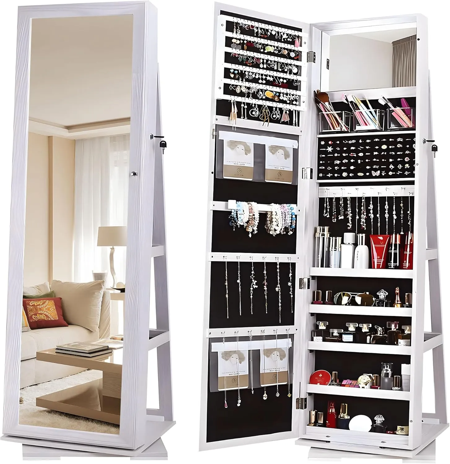 sogesfurniture Lockable Floor Standing Wooden Jewelry Armoire with Full Length Mirror 360Rotatable Jewelry Organizer Cabinet Lockable with Storage Shelf, White BHUS-QH-7021C