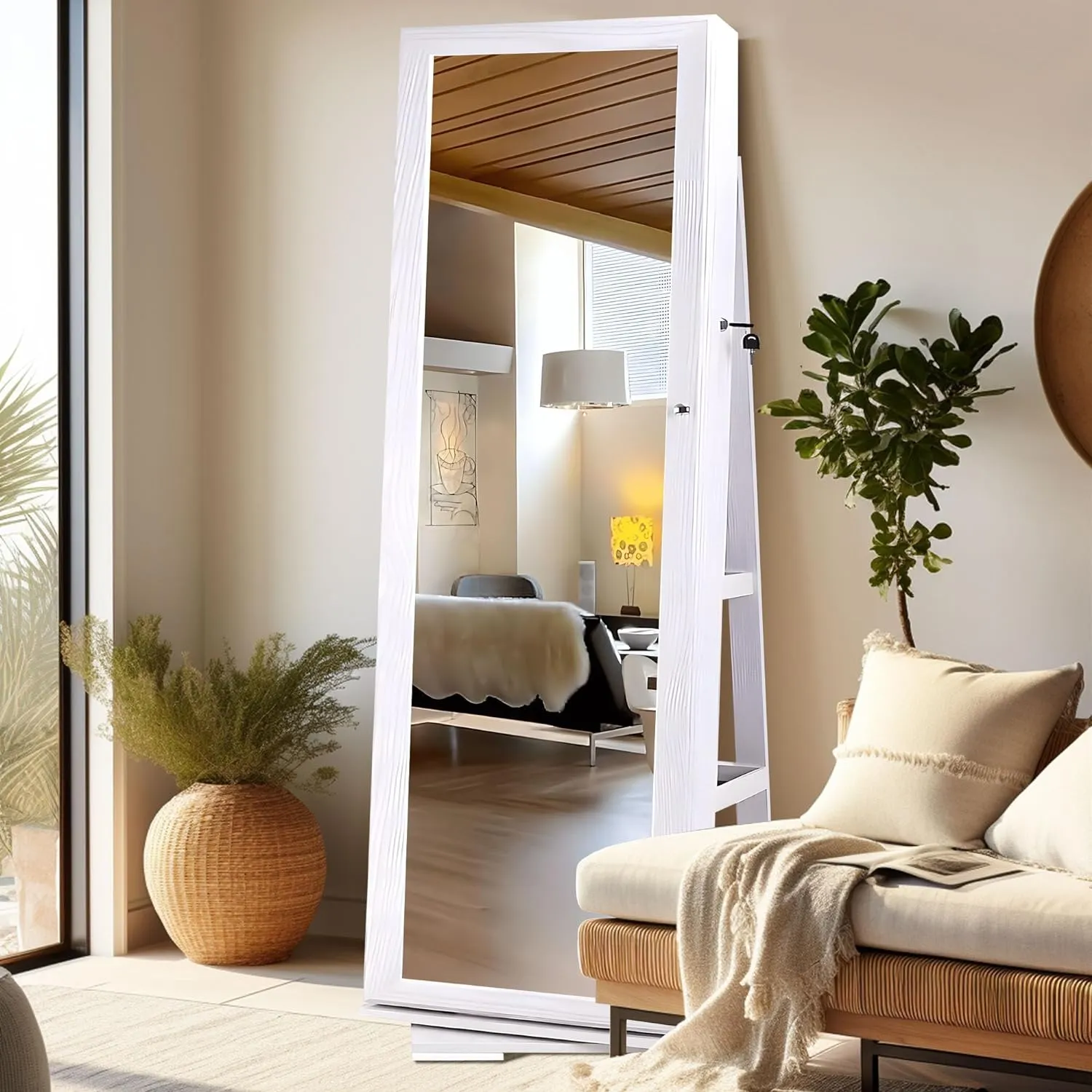 sogesfurniture Lockable Floor Standing Wooden Jewelry Armoire with Full Length Mirror 360Rotatable Jewelry Organizer Cabinet Lockable with Storage Shelf, White BHUS-QH-7021C