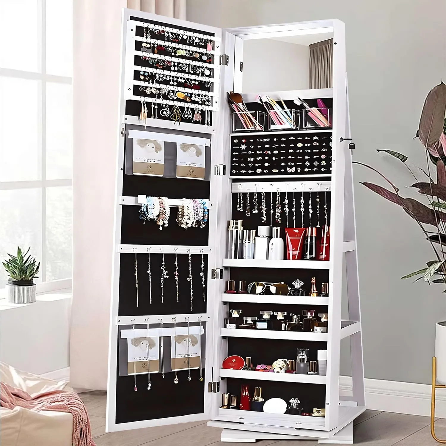 sogesfurniture Lockable Floor Standing Wooden Jewelry Armoire with Full Length Mirror 360Rotatable Jewelry Organizer Cabinet Lockable with Storage Shelf, White BHUS-QH-7021C