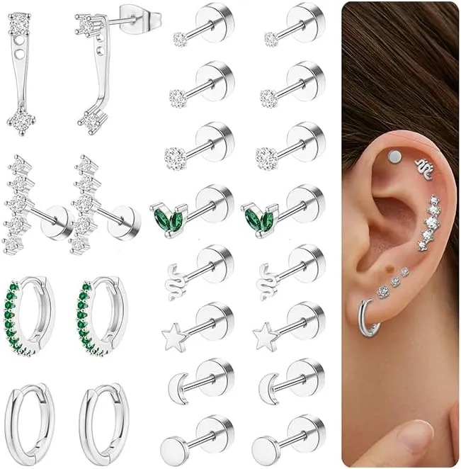 SONNYX 12 Pairs Hypoallergenic Surgical Stainless Steel Earrings Set for Multiple Piercings 20G Flat Back Cartilage Stud Hoop Earrings Comfortable Lightweight Design for Women 14K Gold/Silver