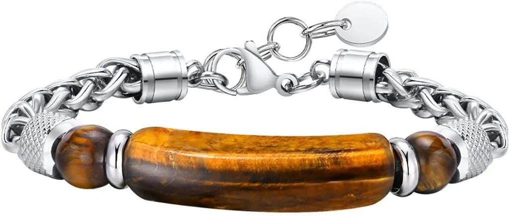 Stainless Steel Cuban Link Bracelet Tiger Eye Stone Black Agate Bracelets for Men Jewelry Adjustable Chain