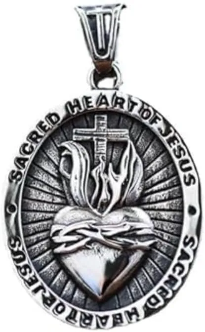 Stainless Steel Flame Sacred Heart of Jesus Pendant Men's for Necklace