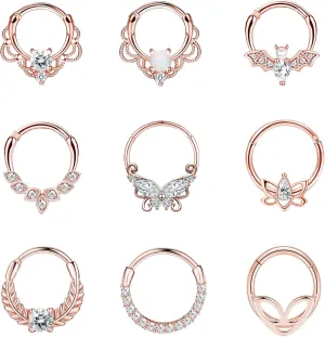 Staligue 9Pcs 16G Septum Clicker Rings Stainless Steel Hoop Hinged Segment CZ Opal Nose Rings for Women Cartilage Tragus Hoop Helix Daith Earrings Nose Piercing Jewelry 8MM