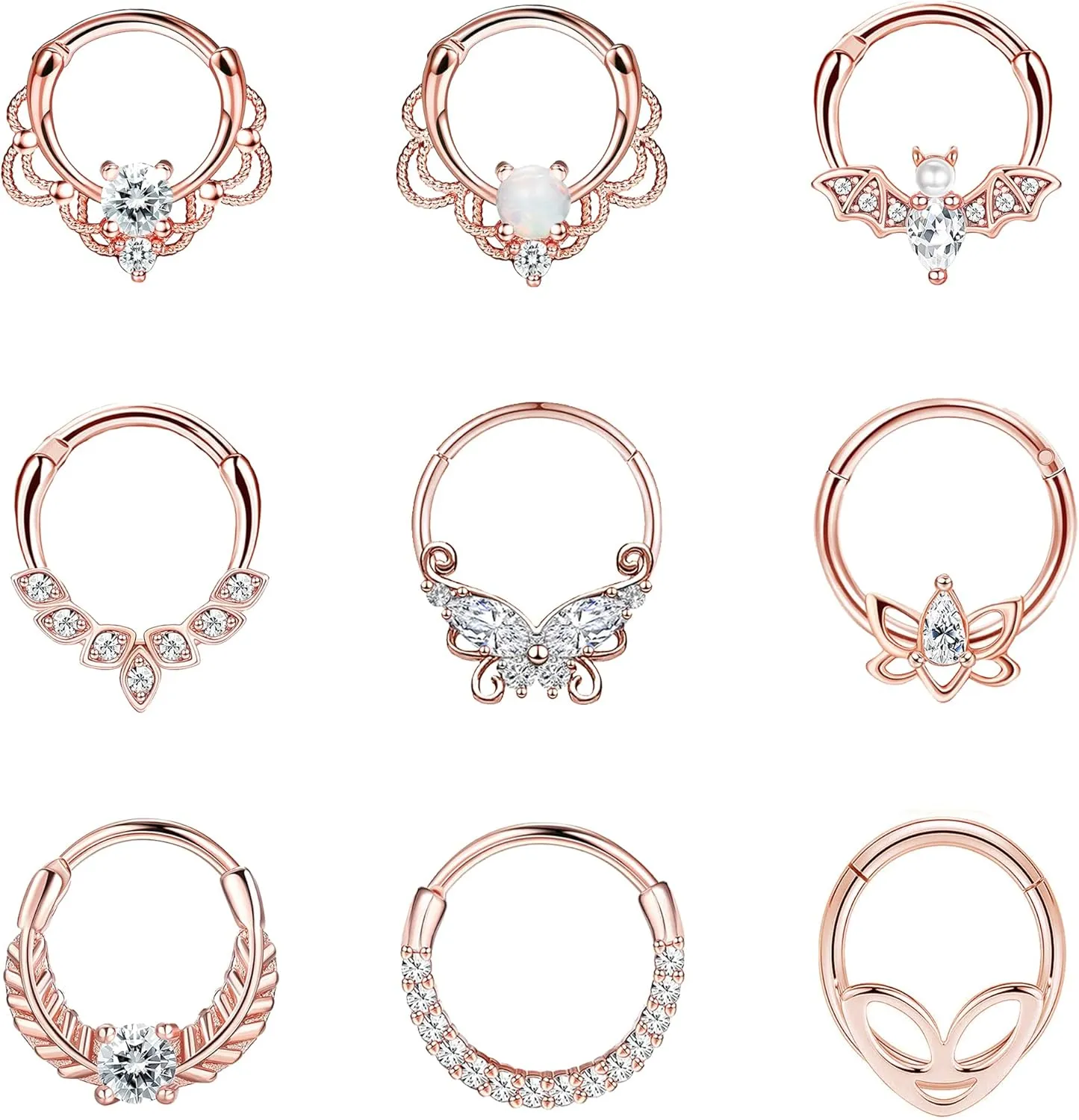 Staligue 9Pcs 16G Septum Clicker Rings Stainless Steel Hoop Hinged Segment CZ Opal Nose Rings for Women Cartilage Tragus Hoop Helix Daith Earrings Nose Piercing Jewelry 8MM