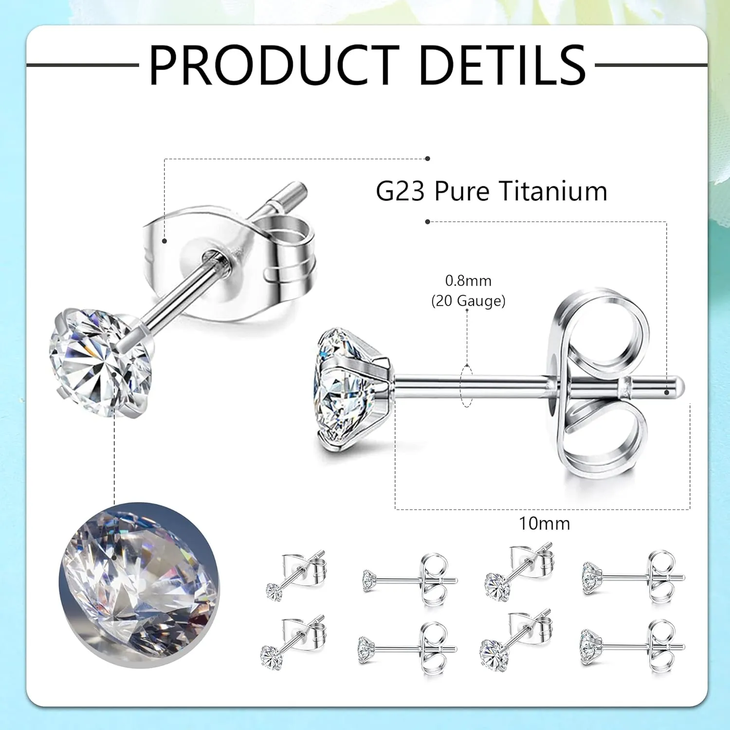 Staligue Titanium Stud Earrings for Sensitive Ears 2-5MM Cubic Zirconia Ball Dot Hypoallergenic Implant Grade Pure Titanium Earrings Studs for Women