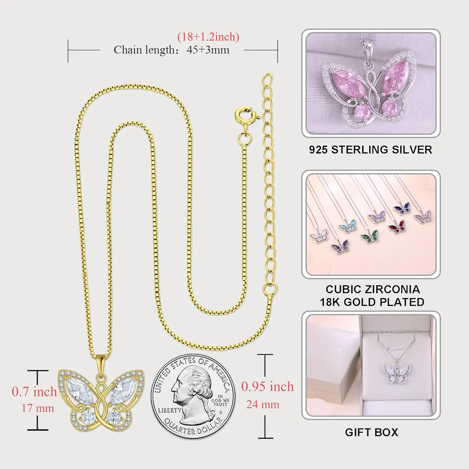 STARCHENIE Butterfly Pendant Necklace for Women 925 Sterling Silver Birthstone Butterfly Jewelry Gifts