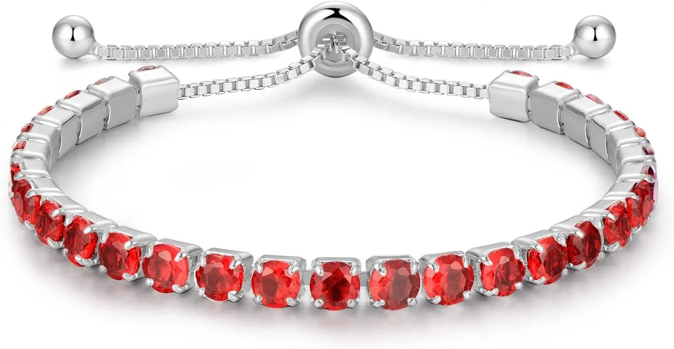 Sterling Silver Birthstone Tennis Bracelets for Women 4mm Tennis Bolo Bracelet Fashion Jewelry Birthday Gifts for Women Wife Mom Her | Adjustable Size 9"