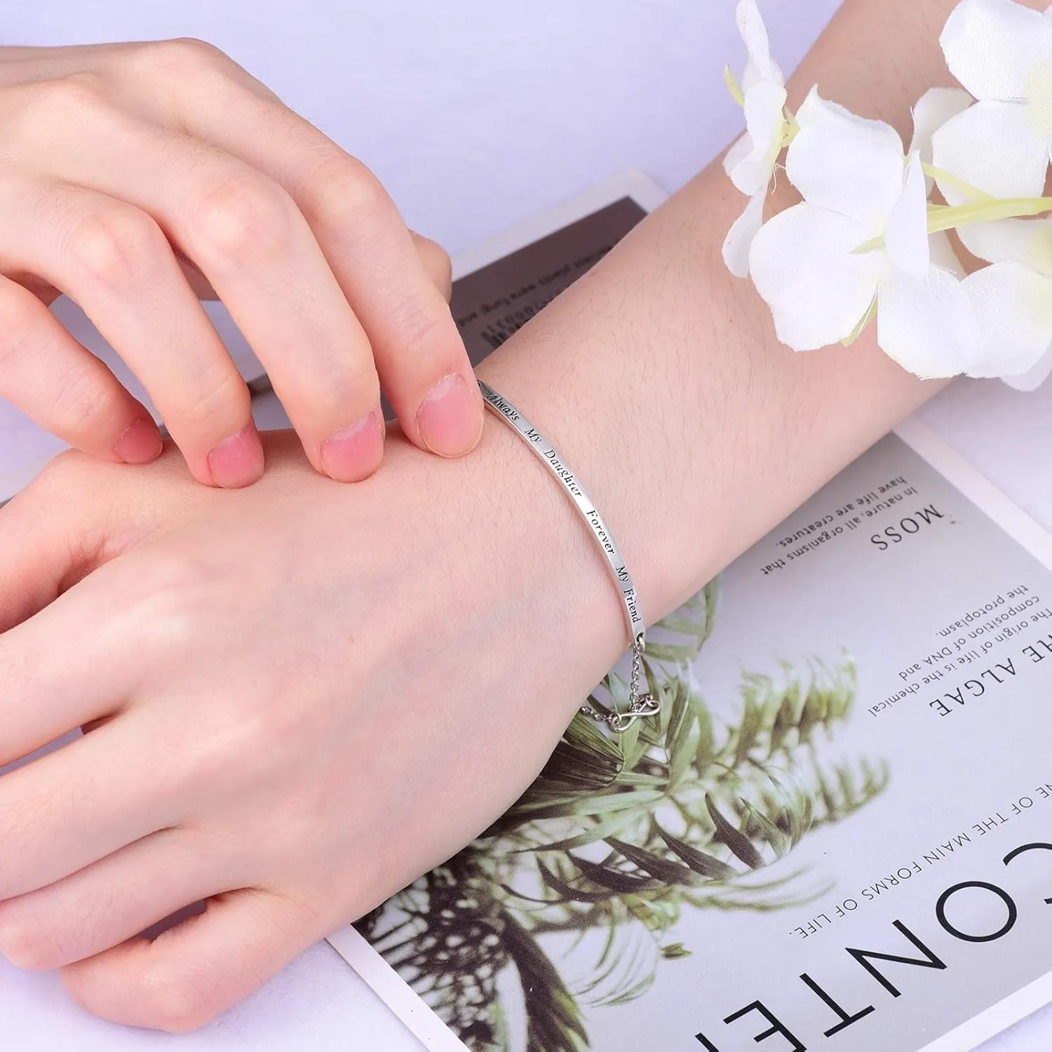 Sterling Silver Bracelet Gift For Women Girl Daughter Sister Mother Friends - Engraved Inspirational Charm Bracelets Adjustable Bangle Jewelry