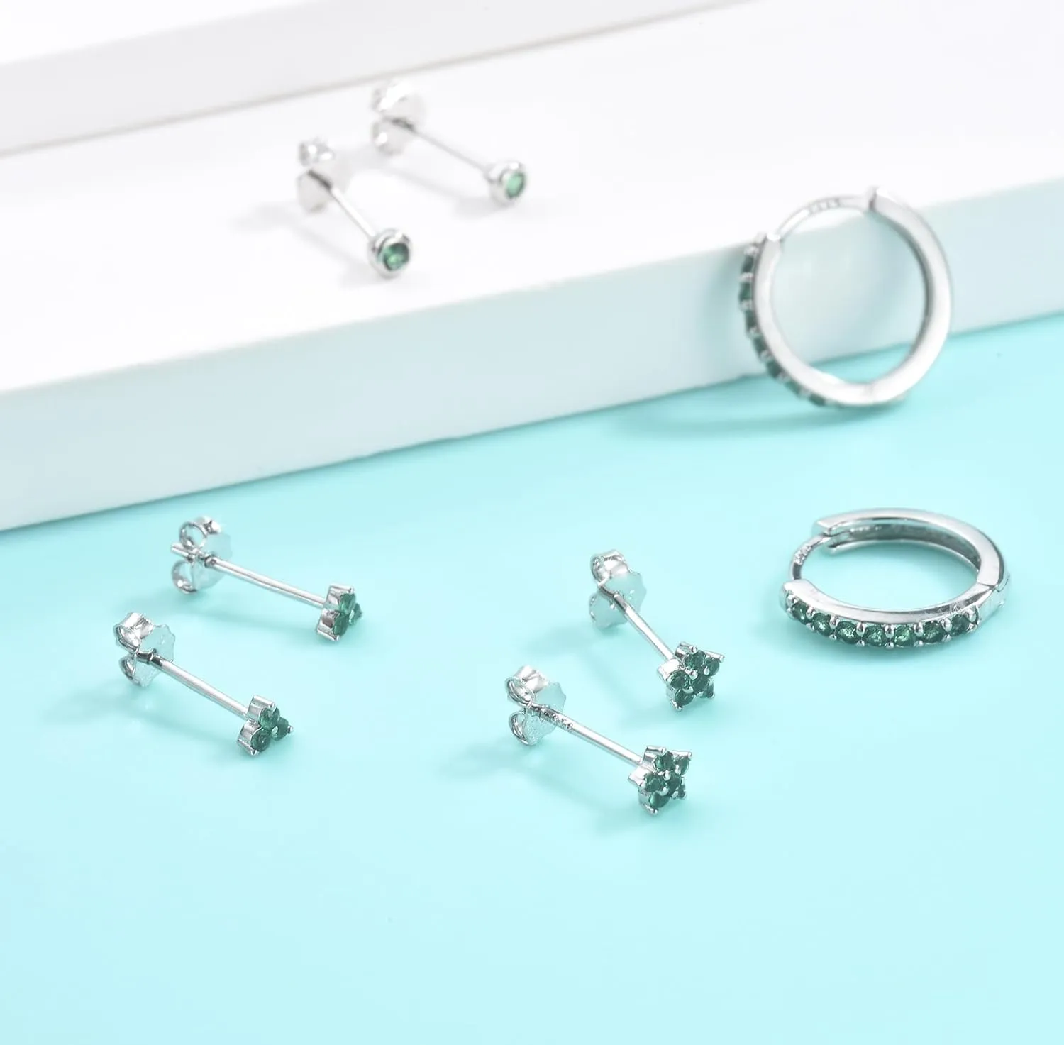 Sterling Silver Stud Earrings Set for Women, Hypoallergenic 4 Pairs Cartilage Helix Flower Round Blue/Pink/Green/Purple Cubic Zirconia Stud Earrings Hoop Sets for Multiple Piercings