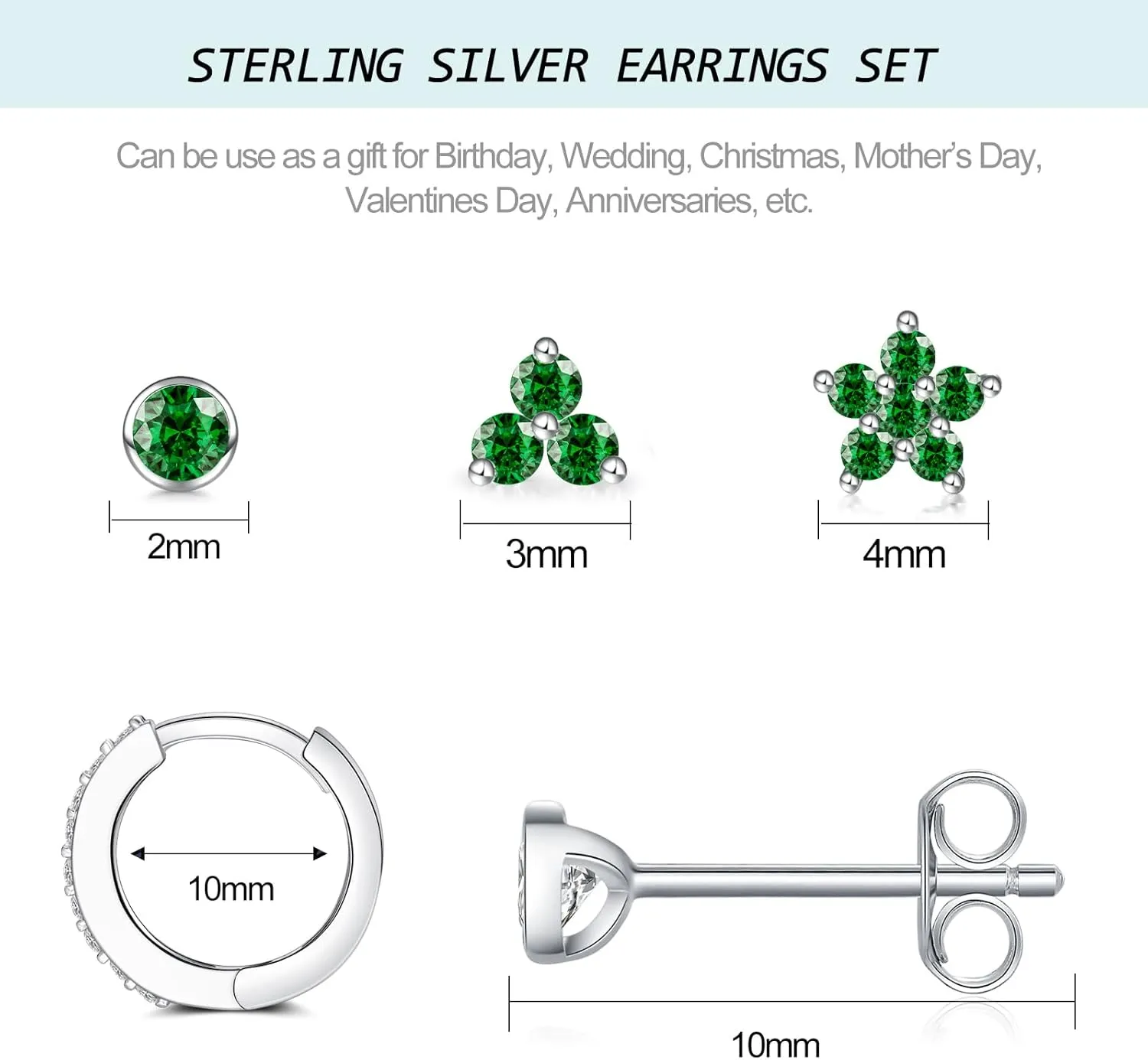 Sterling Silver Stud Earrings Set for Women, Hypoallergenic 4 Pairs Cartilage Helix Flower Round Blue/Pink/Green/Purple Cubic Zirconia Stud Earrings Hoop Sets for Multiple Piercings