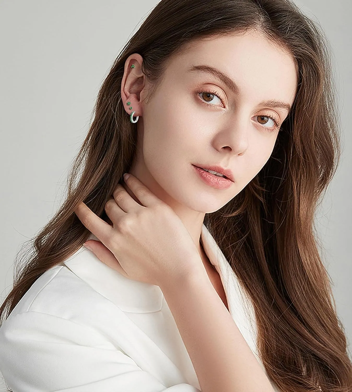 Sterling Silver Stud Earrings Set for Women, Hypoallergenic 4 Pairs Cartilage Helix Flower Round Blue/Pink/Green/Purple Cubic Zirconia Stud Earrings Hoop Sets for Multiple Piercings